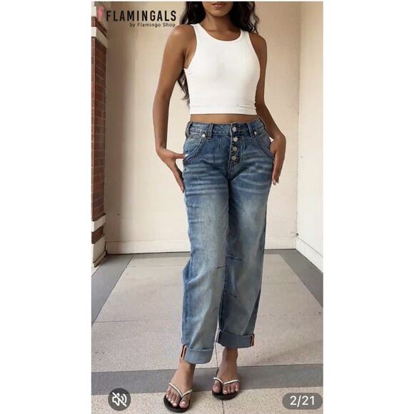 Flamingals Denim - Flamingals Womens L 30 US 10 Straight Leg Jeans Mid Blue Wash Button Fly Ankle